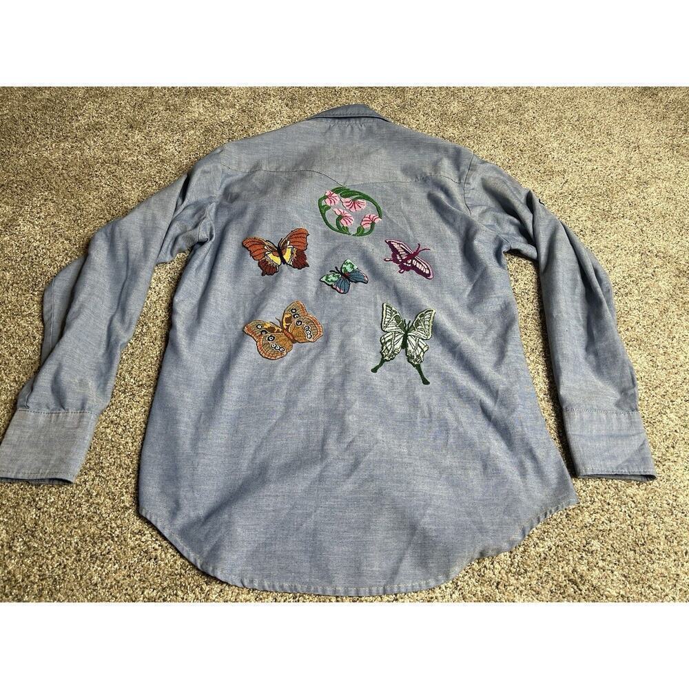 Vintage Sears Western Wear Pearl Snap Shirt Butterfly Flower Appliqué 15-15.5 - Picture 3 of 9